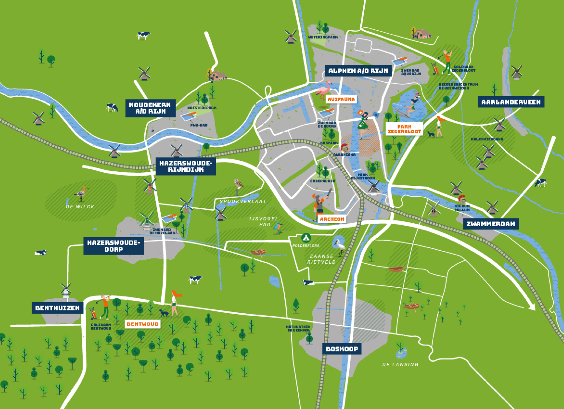 Illustratieve kaart van de gemeente Alphen aan den Rijn en omliggende dorpen